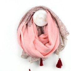 Peach Cotton Scarf with Burgundy Print and Tassels
